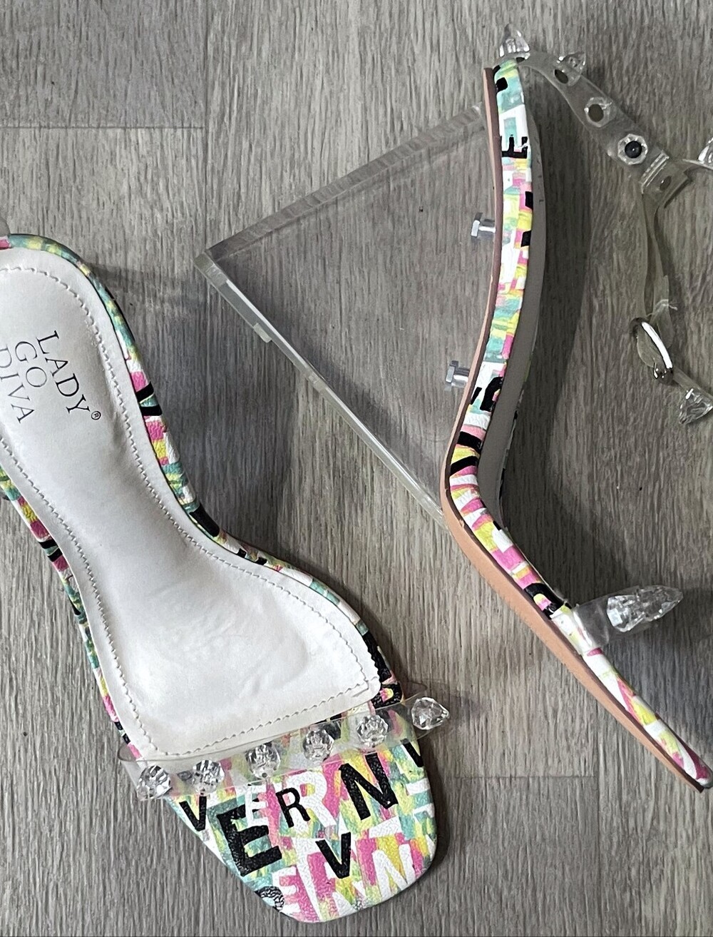 Lady Go DIVA Clear Lucite Wedge Heel Sandals with Multicolor Pattern Fairy